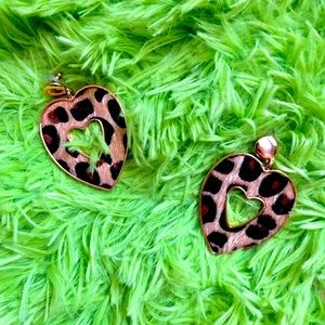 fuzzy cheetah heart earrings